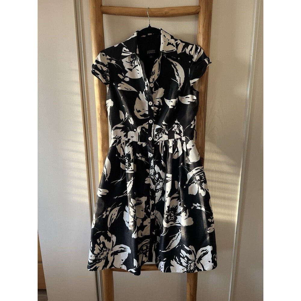 Adrianna Papell Womens Black/White Floral Collared Cap Sleeve Dress 4